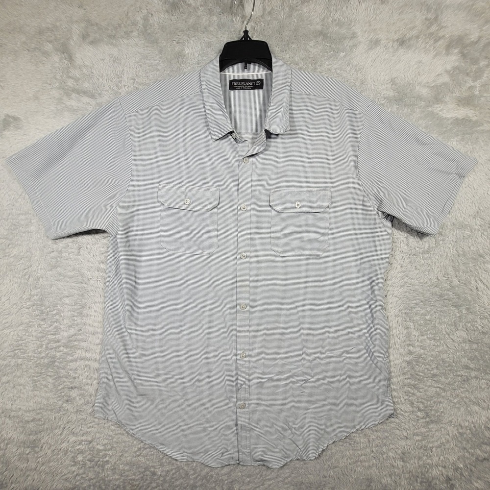 FREE PLANET Mens XL Button Up Short Sleeve Shirt Blue White Plaid Check *
